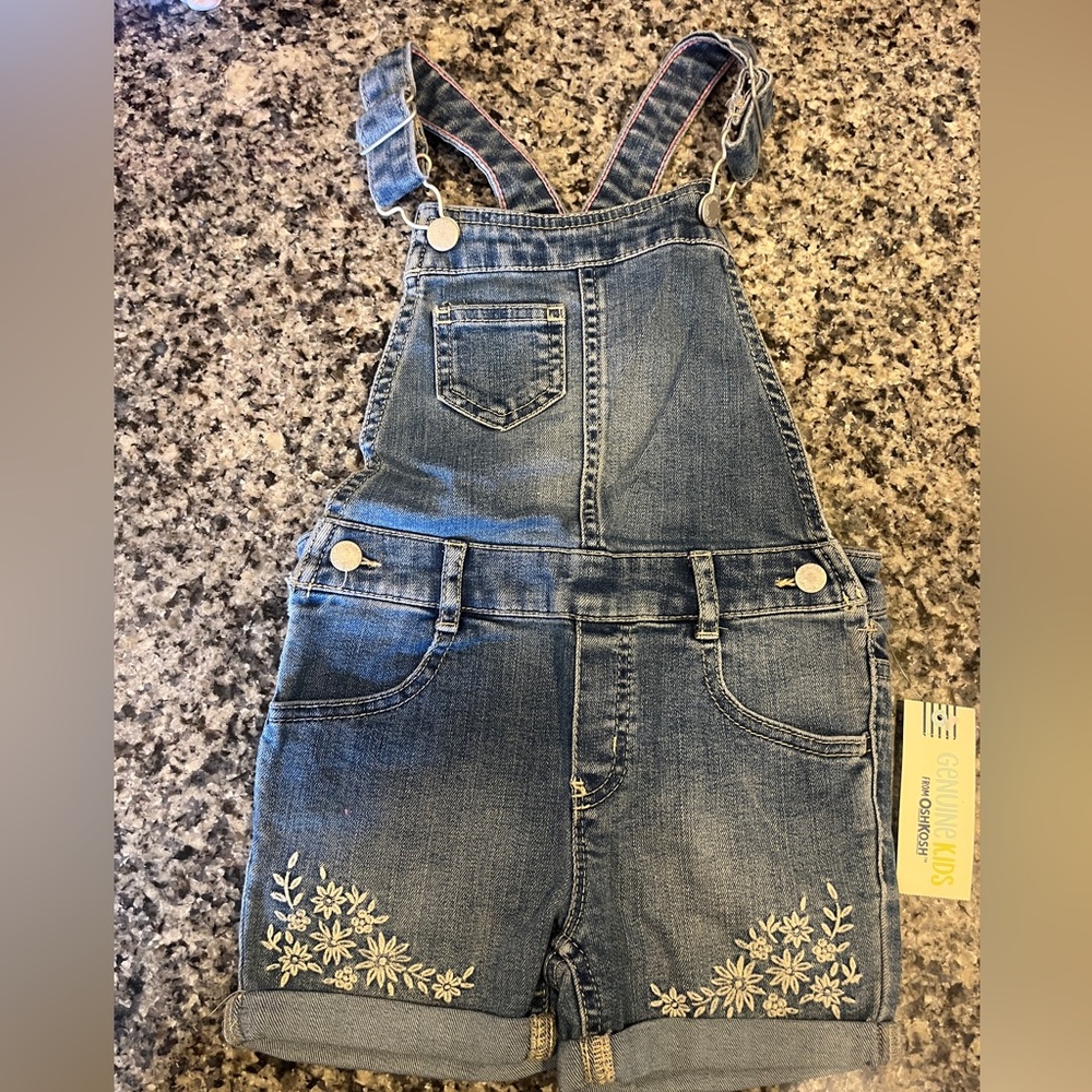 Girls 4T  Oshkosh Denim Floral Embroidered shortalls Romper - WITH TAGS